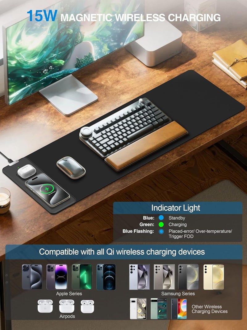 TopMade Mouse Pad with 15W Fast Wireless Charging, 31.5"x11.81" XL Large Gaming Waterproof Desk Pad with Ultra-Smooth Surface, Non-Slip Base, Classic Black Computer Desk Mat for MacBook, PC, Laptop - Image 2